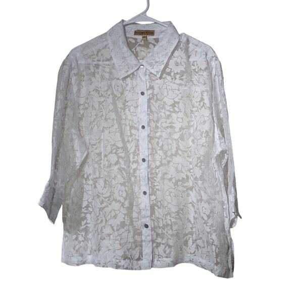 Notations Vintage White Cut Out Lace Button Front 3/4 Length Sleeves Shirt Sz XL - Picture 1 of 13